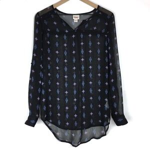 MOSSIMO Top Blouse Southwestern Sheer Boho Long Sleeve Roll Tab Black Size Small